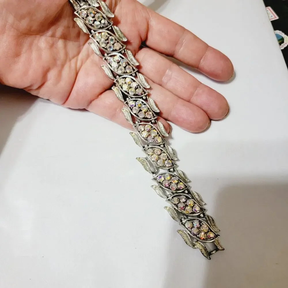 Coro AB Rhinestone Leaf Bracelet Silver Tone Mid Century 7